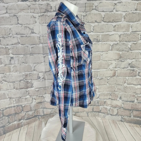 Panhandle Slim Plaid Pearl Snap Shirt Embroidered Blue Red Size Medium - Picture 9 of 16